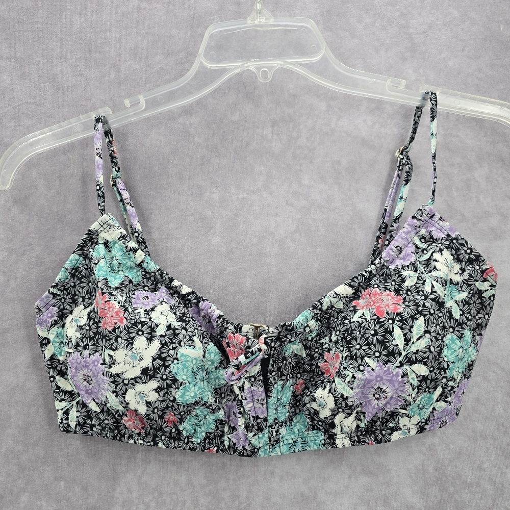 Time and Tru Black Floral Padded Adjustable Strap Bikini Top Swimwear Small